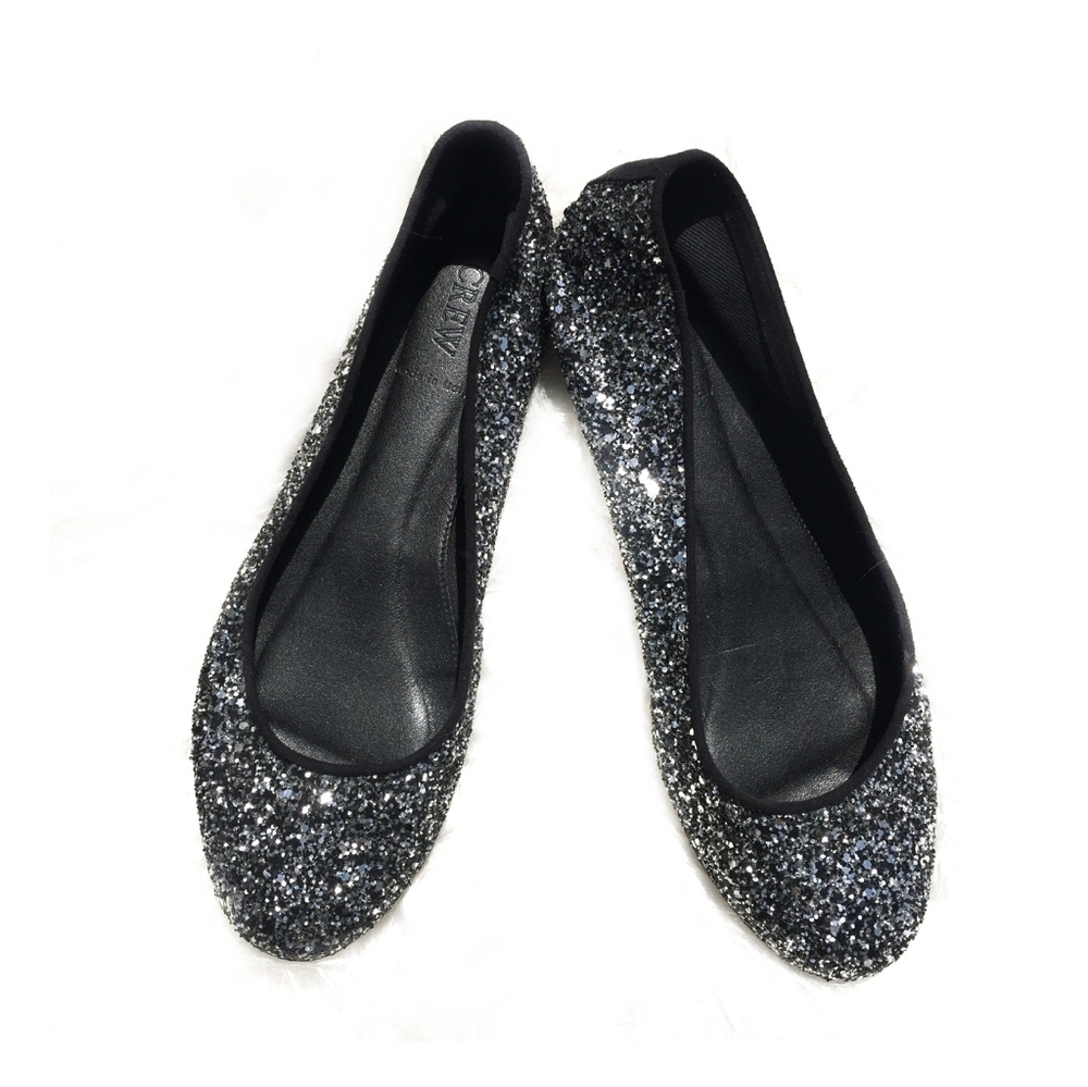 J CREW Glitter Flats Black Silver Sparkly